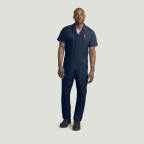 Short Sleeve Coverall Navy Blue including Embroidered UMass Vet Tech Logo and Name